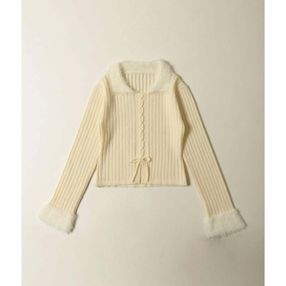 WEGO PHILLY Bicolor Feather Switching Lace-up Knit Ivory White