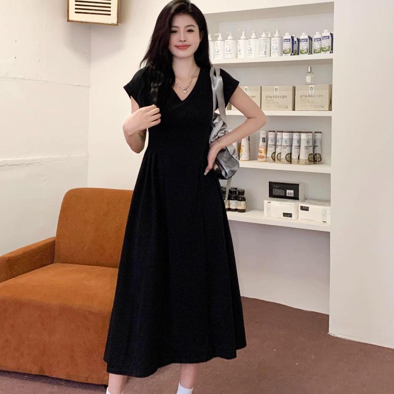 

Dress women s clothing solid color simple V-neck waist temperament long thin versatile dress long dress loose large size S