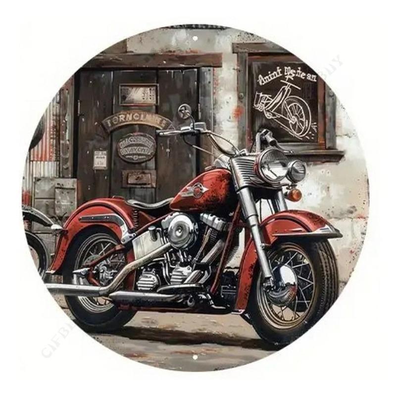 Motorcycle 2D Flat Design Round Sign, 20x20cm Wall Decor