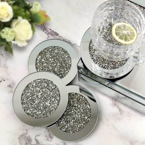 GIMORRTO Glass Mirror Coasters, 4 Pieces, Crushed Diamond Round 4 Inch, Cup Mats, Tabletop Decor, Bar Tools, Dining Table