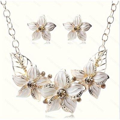 Trendy Bloemen Ketting Set Sleutelbeen Ketting Oorbellen Bloem Vrouwen Ketting Oorbellen Hanger Bruiloft Banket Bedel Dames Sieraden