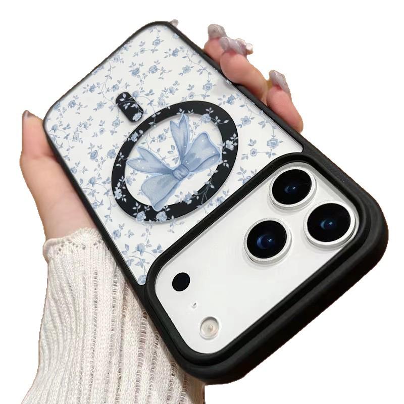 Floral Bow Magnetic Phone Case for Apple 17Pro, 16, 15, 14, 13, 12, 11 - Large Hole, Transparent