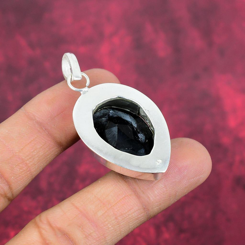 Pandantiv spinel negru, pandantiv din argint solid 925 bijuterii cu pietre prețioase lucrate manual, cadouri pentru soție pandantiv nou-nouț