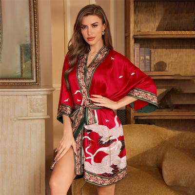 Printed Ice Silk Pajamas Women's Summer Cool Feeling Short Bathrobe Robe Lace-up Gown Home Wear
