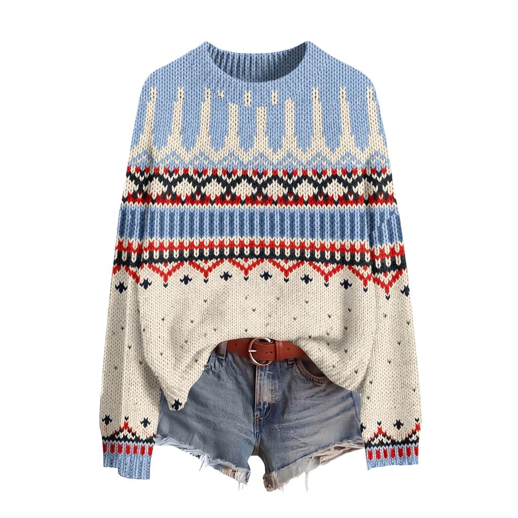 Women's Soft Printed Neck Long Sleeve Sweater for Fall and Winter