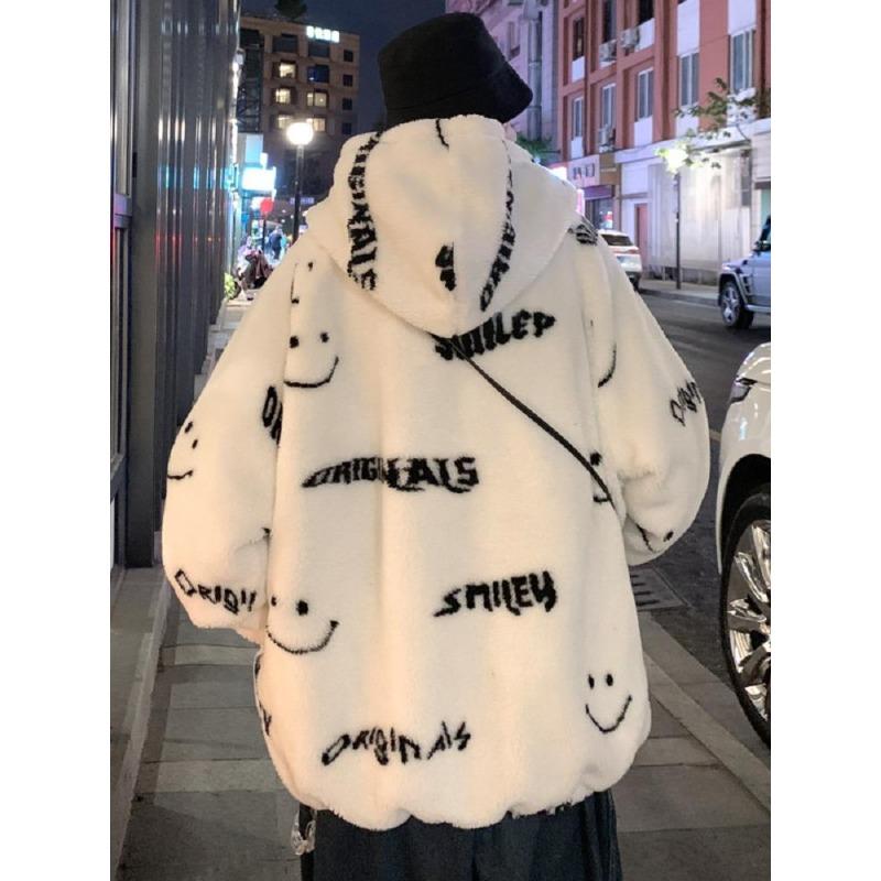 Erkekler Kış Moda Ceket Gülen Yüz Kuzu Polar Ceket Kore Versiyonu Moda Kış Ceket Peluş Kalınlaşmış Ceket