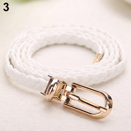 Women Braided PU Leather Narrow Thin Buckle Strap Waist Belt All-Match Waistband