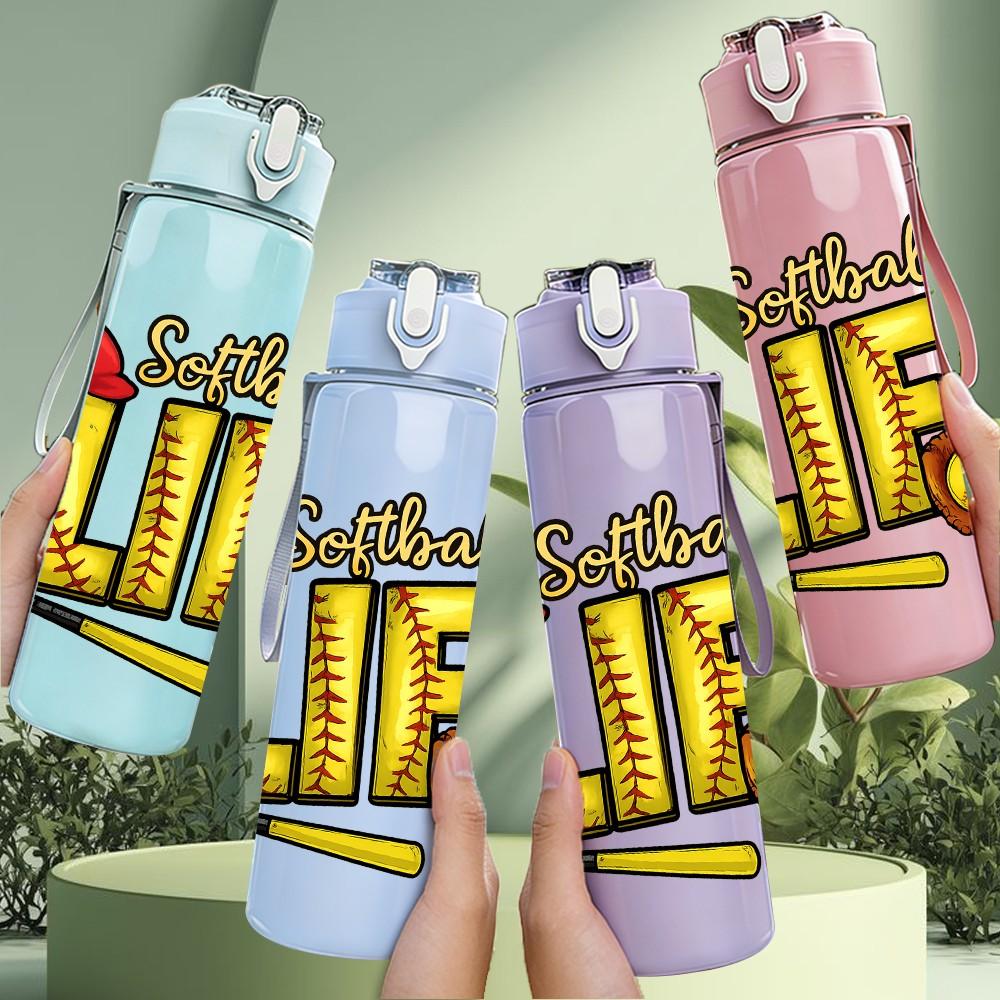 1PC Softball Life Bat Text 750ml Color Plastic Sports Water Bottle Leakproof Flip Straw Lid Suitable for Sports Office Home Use