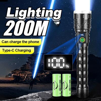 100000 Lumens Super High Power LED Flashlight Ultra Power Outdoor Rechargeable Hand Torch 5 Mode Type-C Charging  Lighting 2000m