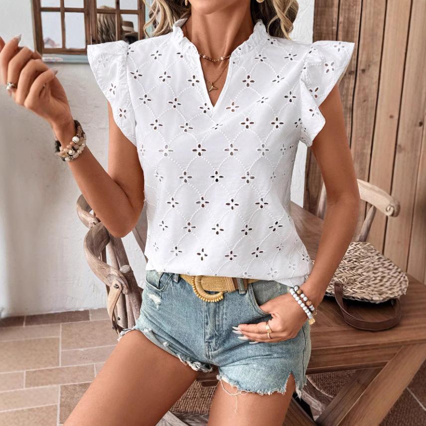 Ladies Summer Cap Sleeve Ruffles V Neck Hollow Embroidey Solid Color Pullover T Shirt Top