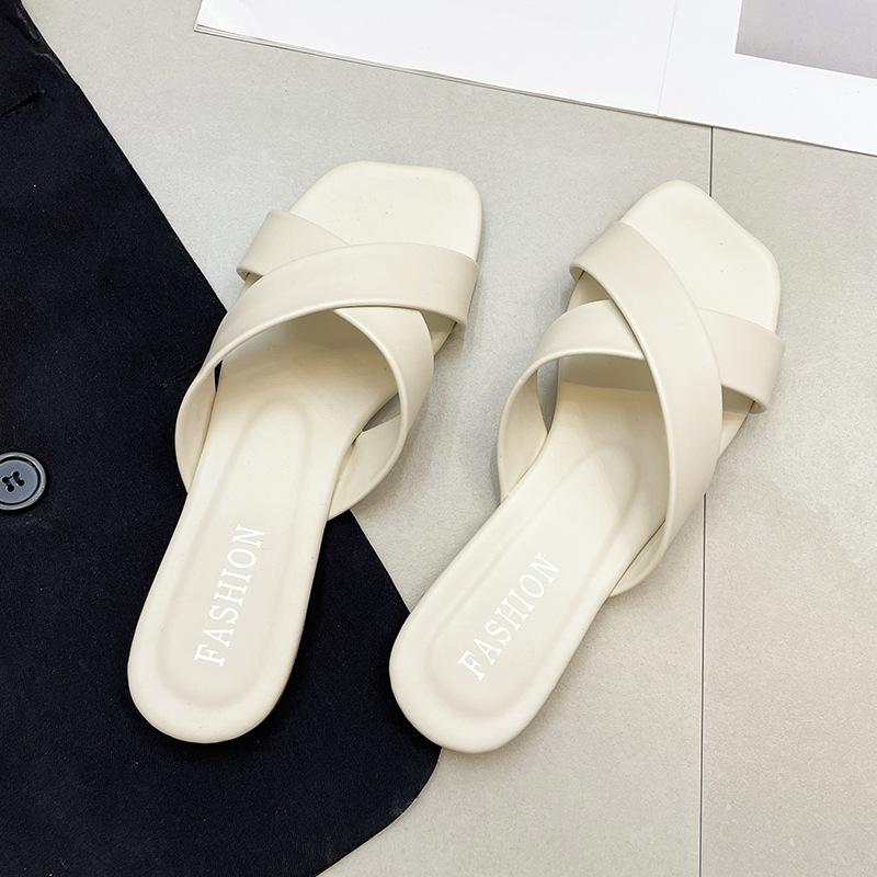 Internet Celebrity Cross Cool Slippers Women's Summer Korean Version Candy Color Square Head Flat Bottom Outer Slippers Women's Shoes