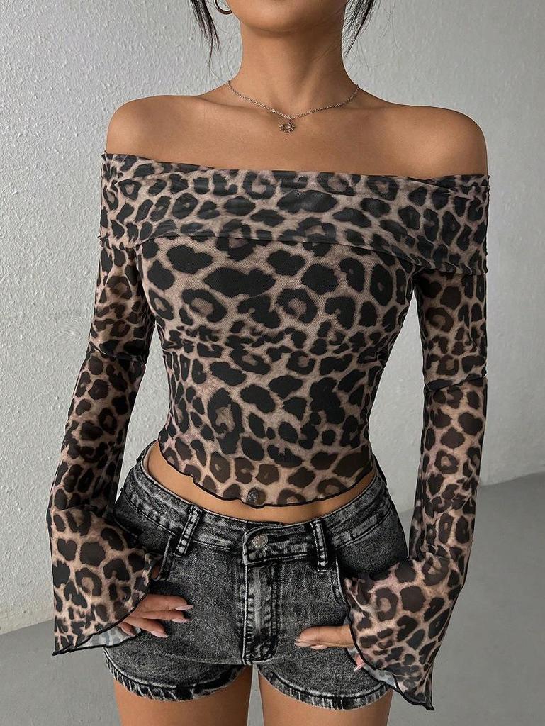 2025 Sexy Semi-Sheer One-Shoulder Leopard Print Top for Women - Spring & Autumn Fashion