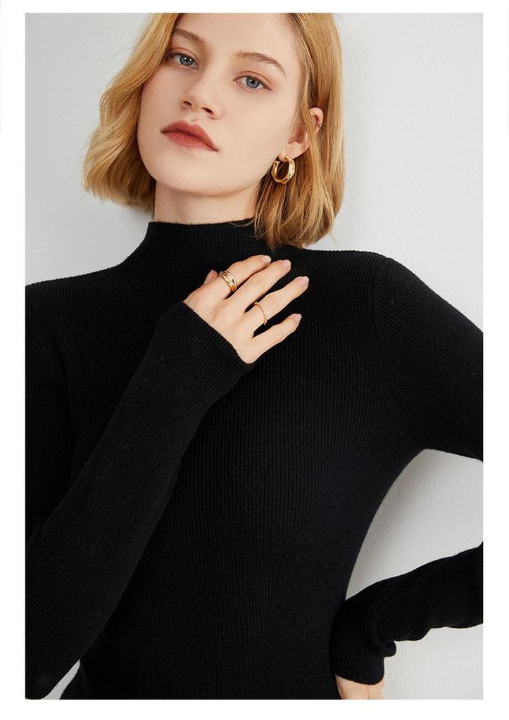 Women's Elegant Slim Fit Pullover: Solid Color Knit Sweater with Stand Collar - Autumn Winter Collection