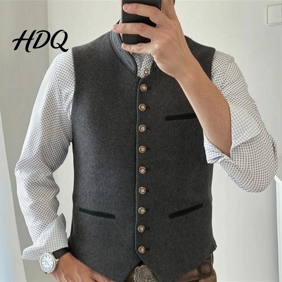 Retro Single Breasted Waistcoat Men Oktoberfest Vest Traditional Costume Waistcoat Stand-Up Collar Button-up Theme Party Vest Gilet Sleeveless
