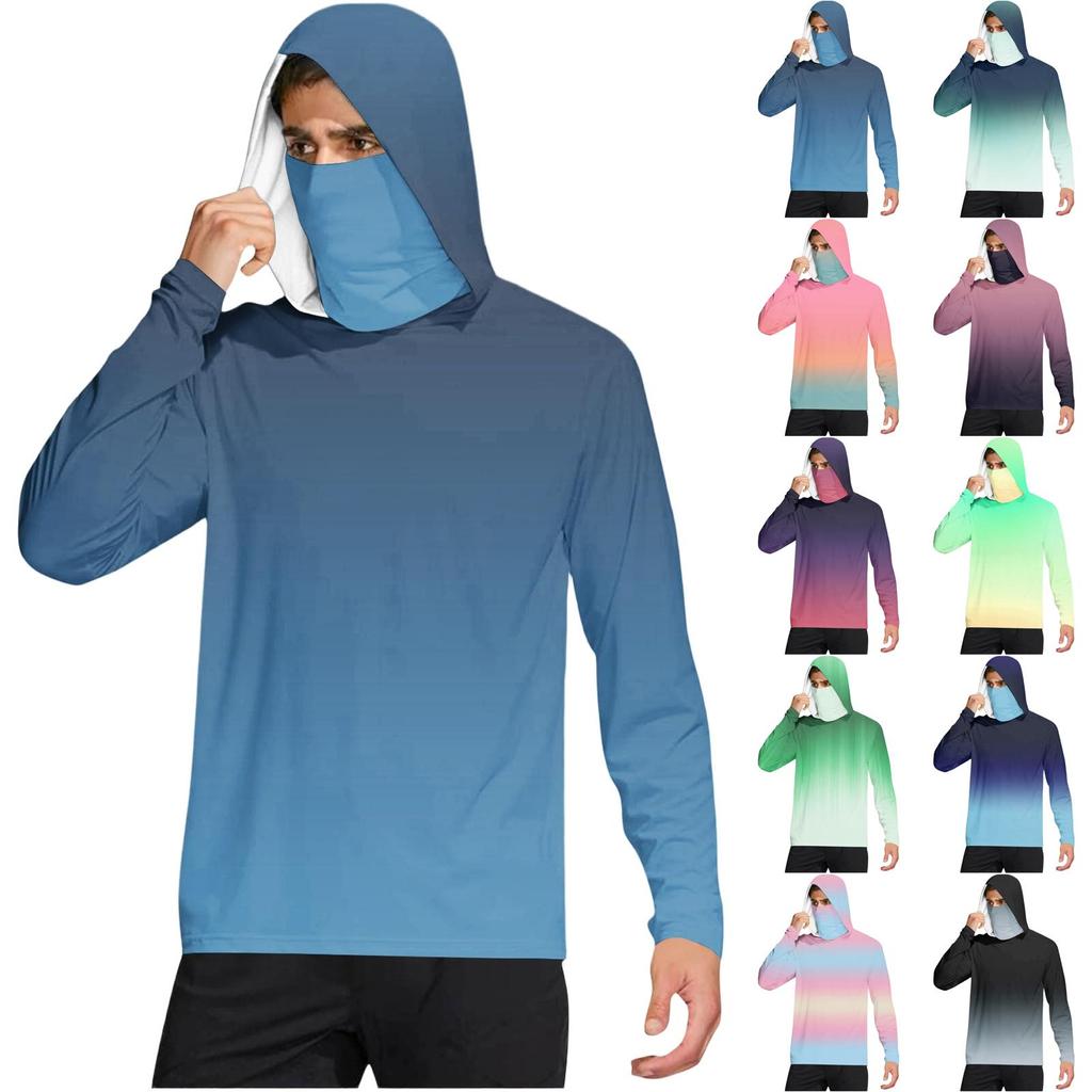 Men’s Casual Gradient Print Hooded Long Sleeve Sun Top Lightweight Pullover Loose Fit Outdoor Shirt