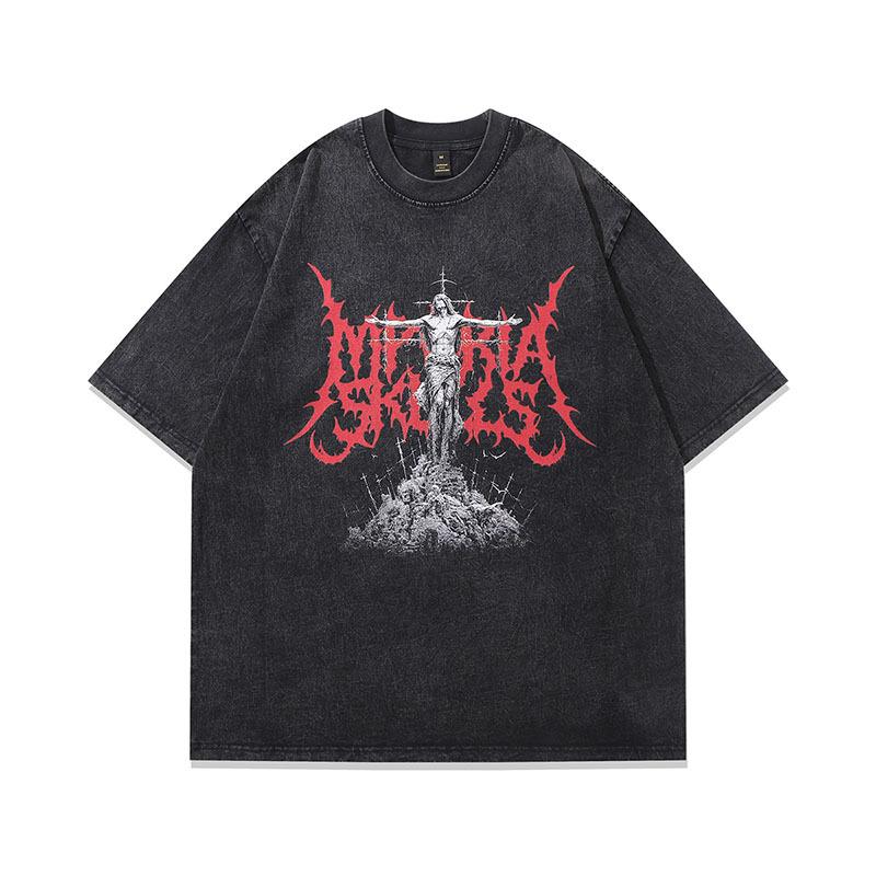 Spring And Summer New Washed Old T-Shirts For Men And Women American High Street Retro Trendy Brand Dark Printing Short Sleeves