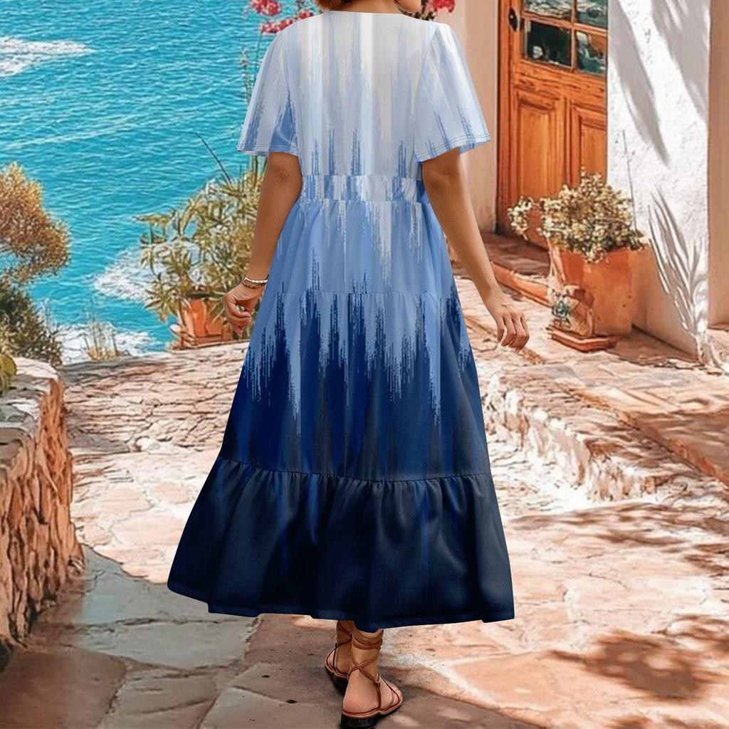 Women's  Summer Floral V Neck Maxi Dress Short Sleeve High Waist A Line Tiered Flowy Boho Vacation Dresses