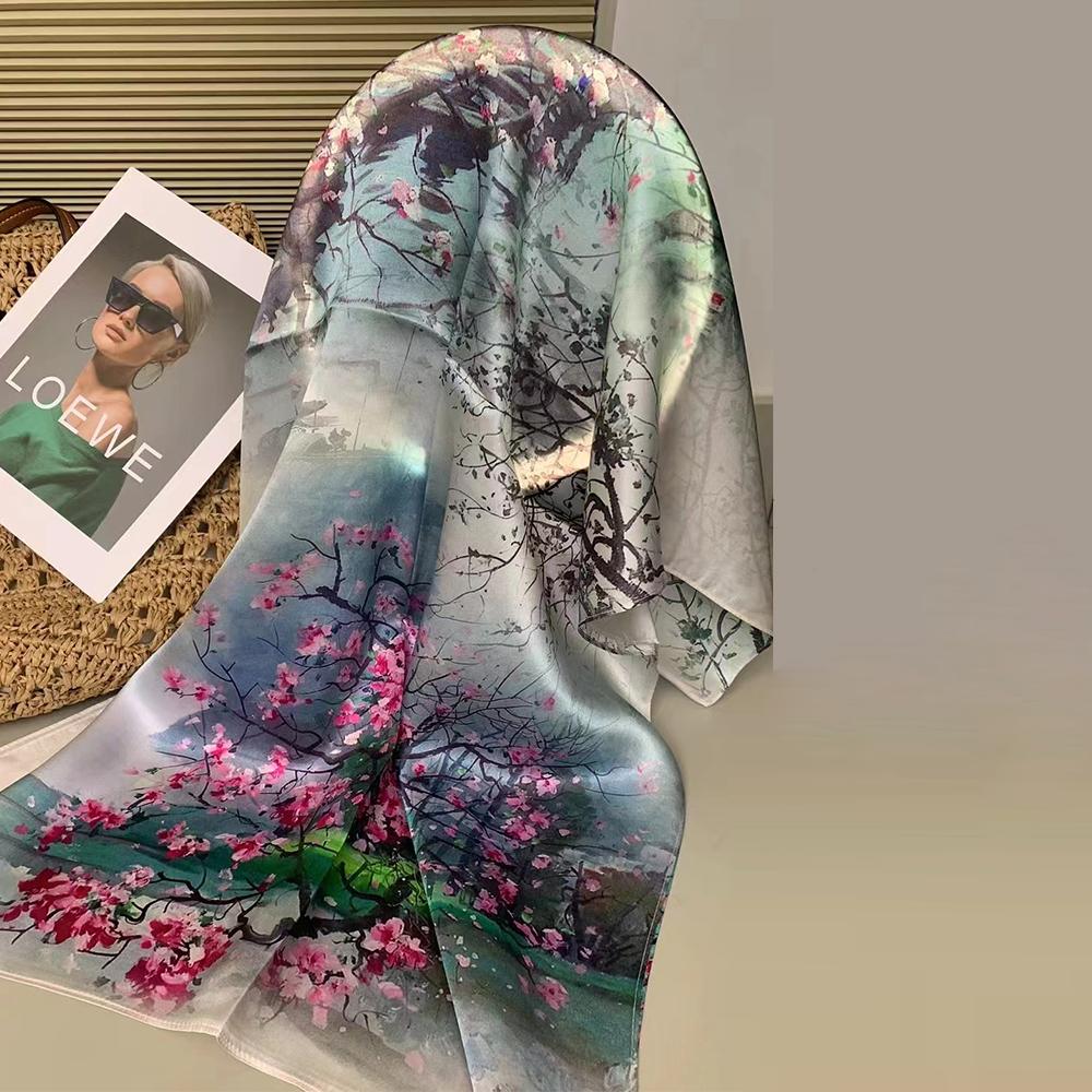 New Blue Women'S 100% Mulberry Silk Scarf Shawl 175*52Cm Fashion Floral Design Long Scarves Wraps Fall Winter Headscarves