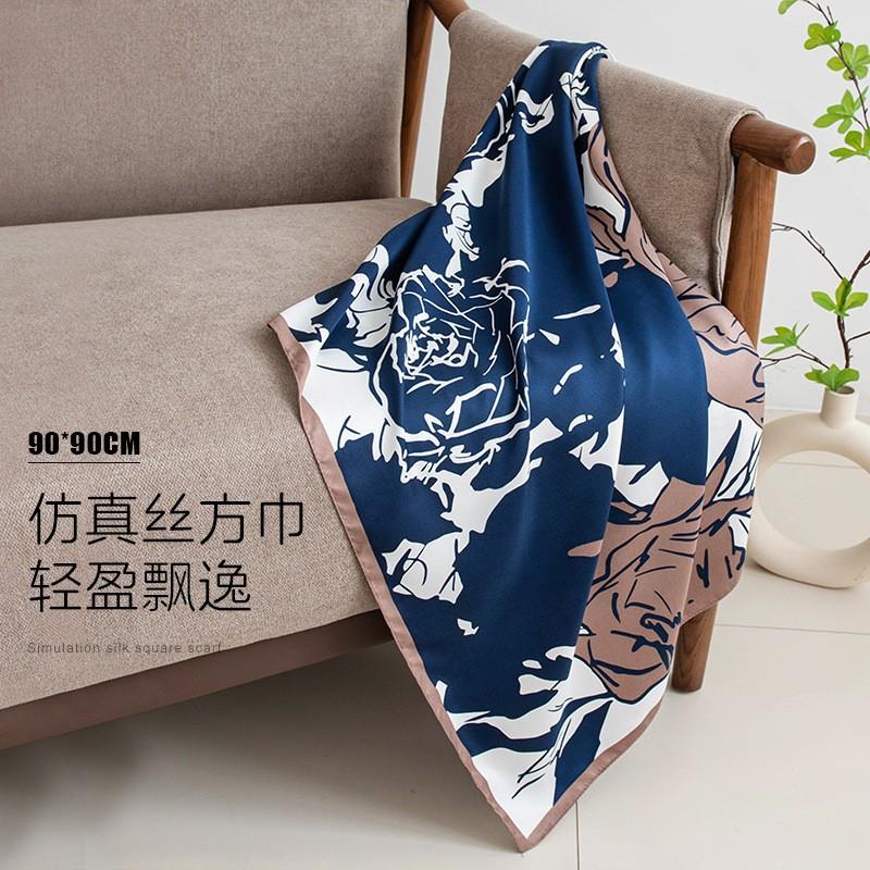 

Rose silk scarf Women s twill silk large square scarf Versatile decorative shawl Autumn and winter scarf Color matching fashion yarn sun protection 90*90cm