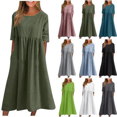 Vestido feminino verão cor sólida em torno do pescoço meia manga casual longo vestido de cor sólida