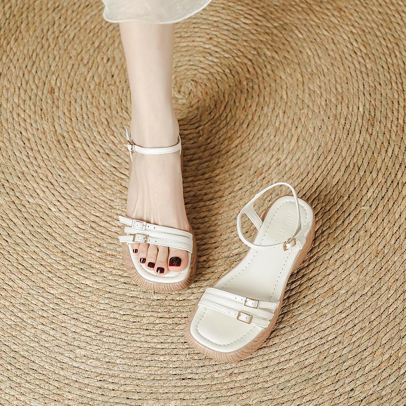 Thick-soled Slope Heel 7CM Sandals for Women with Open-toed Muffin Heel, Light and Not Tired Feet, Retro Roman Heightening Shoes for Women