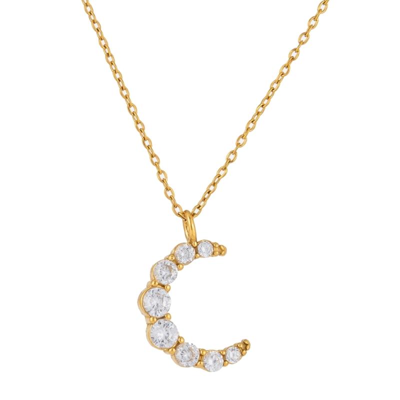 Elegant Moon Pendant Necklace With Zircon Stones Craft Of Sturdy Stainless Steel For Women 1