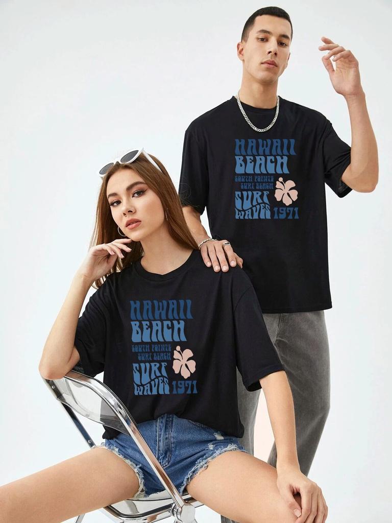 Letter Graphic Couple T-shirt Women Unisex Black Loose Unisex Tops Clothes Short Sleeve Tee Cotton Casual Summer Streetwear Tshirts