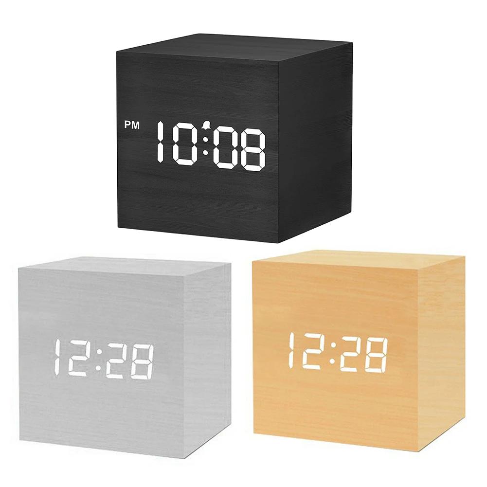 Wooden Digital Alarm Clock with Temperature LED Clock Art Ornament USB/Battery Powered Bedroom Table Clock for Office Room Decor