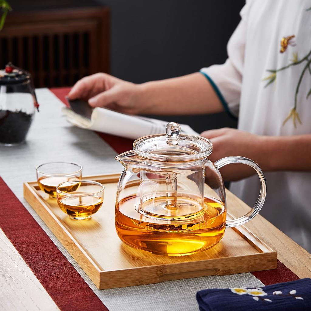 Pokaro Tee Teekanne, Hitzebeständiges Glas, Große Kapazität (1350ml), Transparent und stilvoll, hitzebeständig (170°C), Mikrowellen- und Hitzebeständig, Inklusive