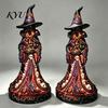 Skull Pattern Table Centerpiece Lighted Witch Figurine, Holding Black Cat Statue, Gothic Stable Base Figurine Sculpture with LED Lights for Halloween
