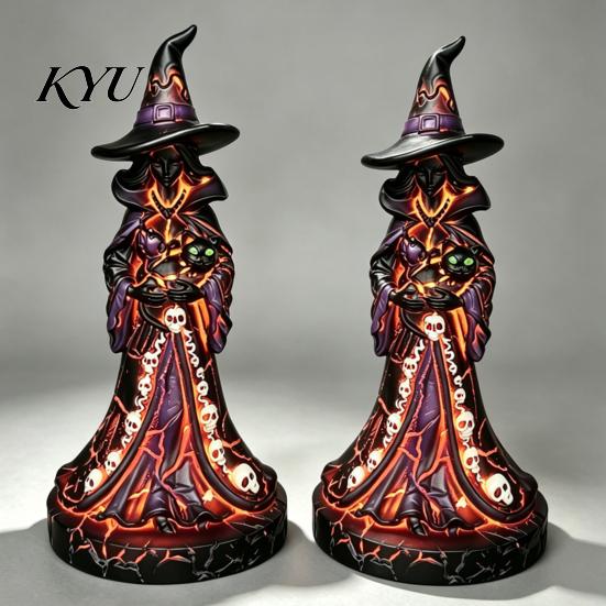 Skull Pattern Table Centerpiece Lighted Witch Figurine, Holding Black Cat Statue, Gothic Stable Base Figurine Sculpture with LED Lights for Halloween