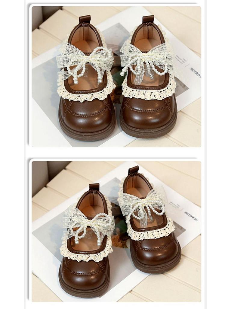 Girls' Lace Bow Leather Shoes - Spring & Autumn Korean Style Princess Performance Shoes with Pearls