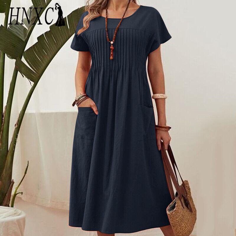 HNXC Dame Mote Sommer Vår Ensfarget Trykk O-Hals Høy Midje Casual Kjoler