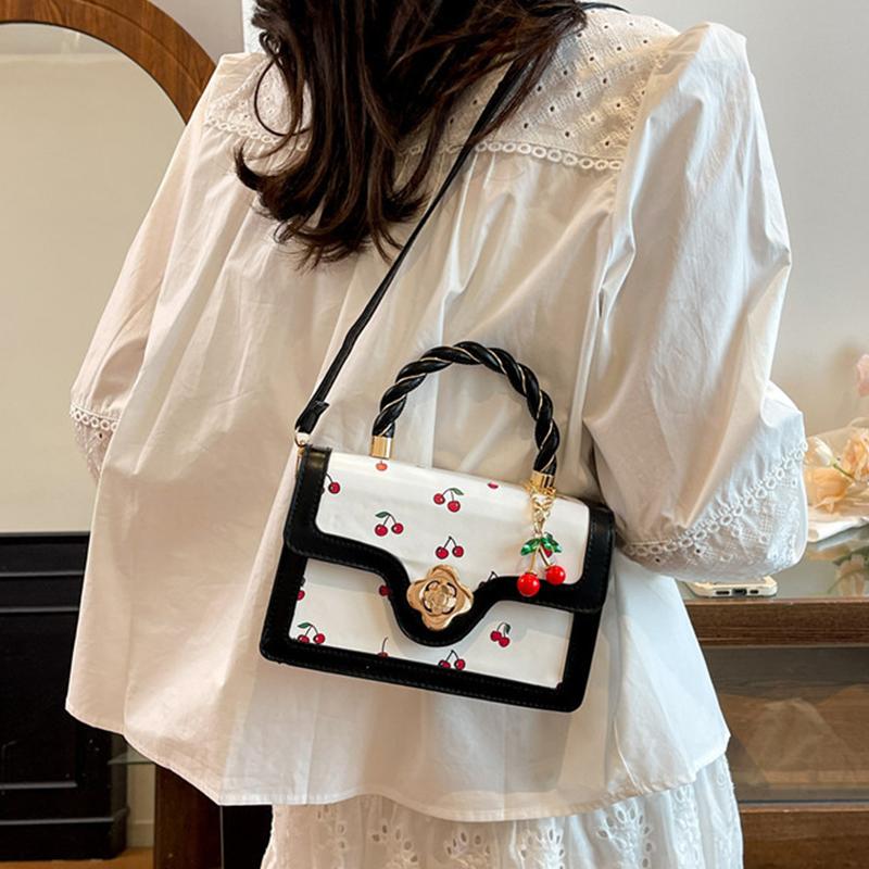 Women Cherry Square Bag PU Leather Sweet Cherry Crossbody Bag Adjustable Strap Sling Ladies Outdoor Small Handbags