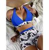 Swimsuit Women's Deep V Neck Split High Waist Flat Angle Lace Up Print Solid Color Swimwear