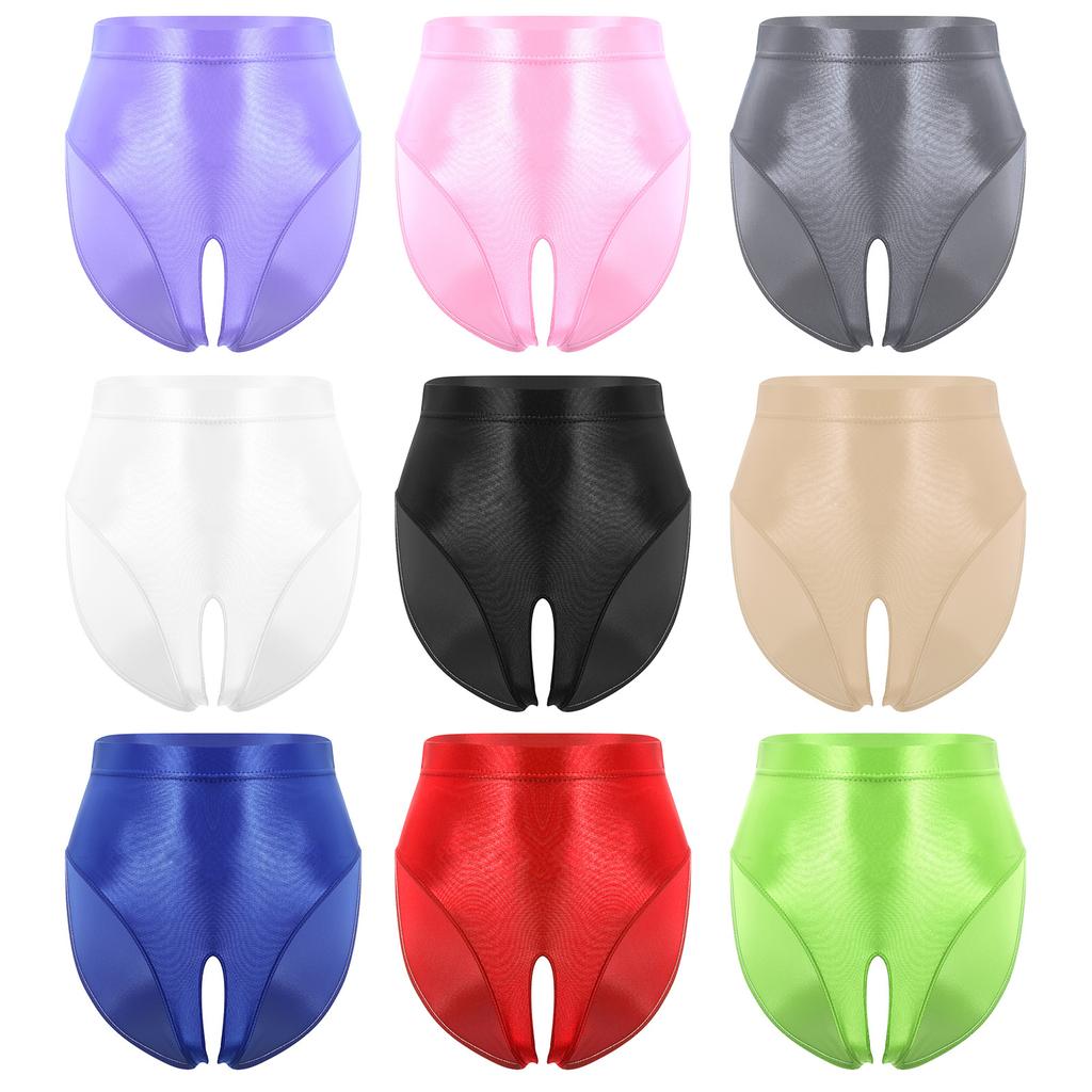 Womens High Waist Open Design Underwear Elastic Waist Glossy Stretchy Panties Lingerie Night Club Party Wear Briefs
