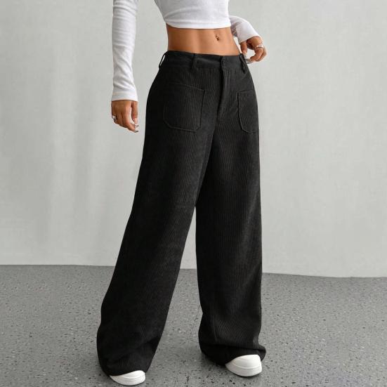 Women Pants Button Zipper Closure Straight Wide Leg Trousers with Pockets Solid Color Loose Fit Lounge Pants Daily Wear