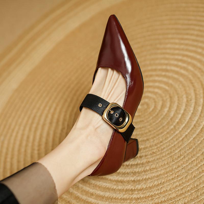 Fashion 2025 New Spring Women Pumps Pointed Toe Genuine Leather Women Shoes Buckle Strap Mary Janes Ladies Shoes Cowhide Leather