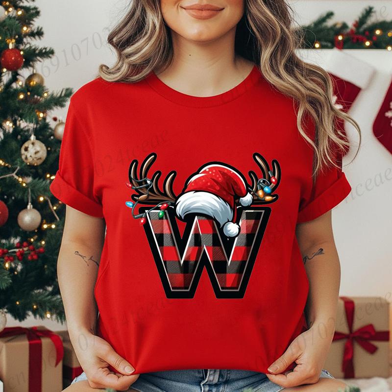 Christmas Alphabet Printed T-Shirt for Women Unisex Fashion Trendy Funny Casual Tops Santa Hat, Reindeer Graphic Tshirt T Shirt