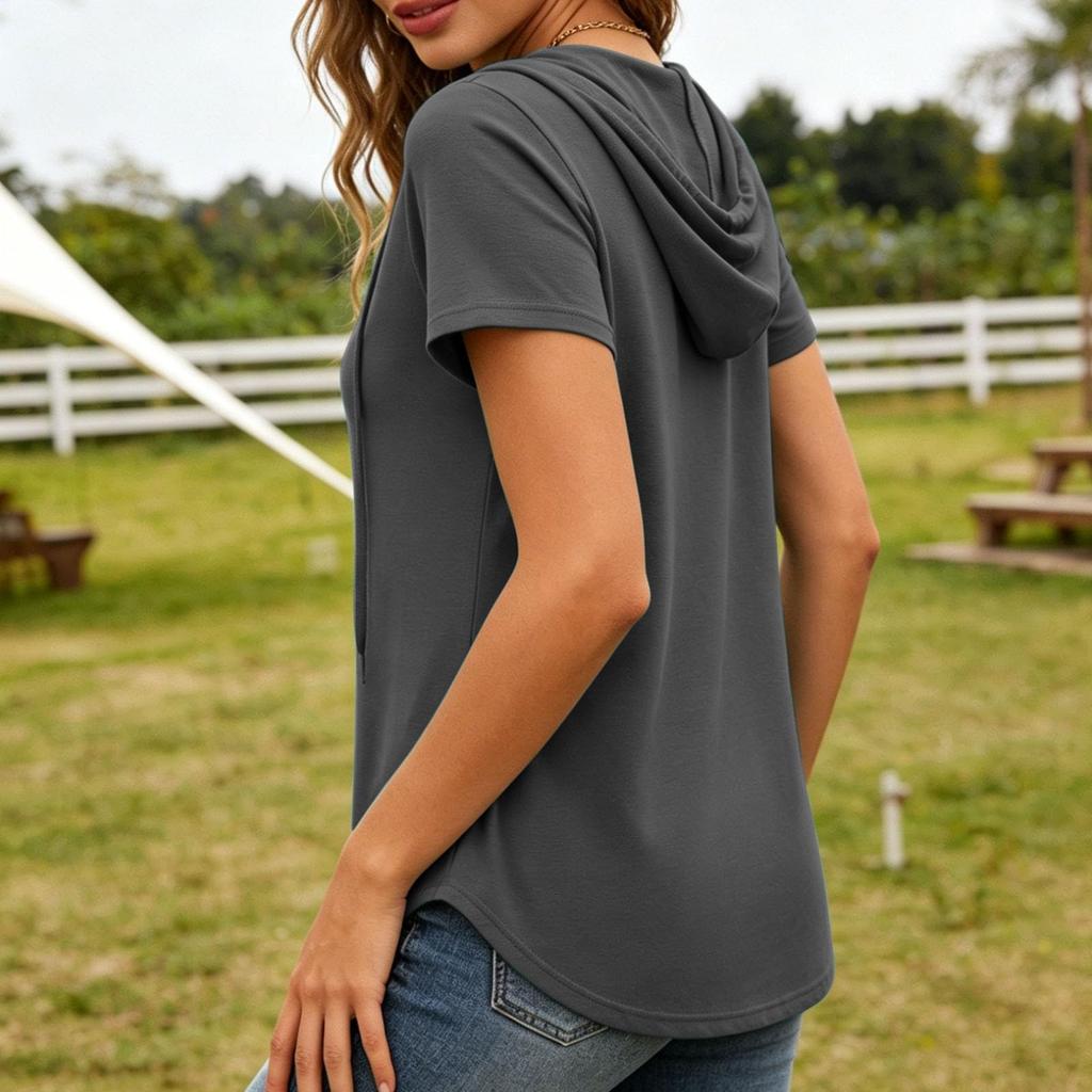Women’s Short Sleeve Hooded Pullover V Neck Loose Fit Casual Drawstring Shirt Lightweight Comfortable Top for Everyday Wear
