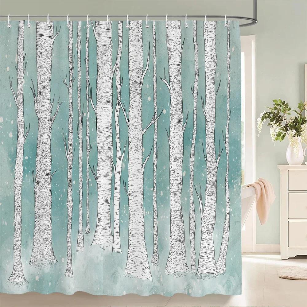 וילונות מקלחת מבד עמיד למים עלי עץ ליבנה לבנה אמבטיה גדול 240X180 הדפסה תלת ממדית קישוט וילון מקלחת מסך אמבטיה