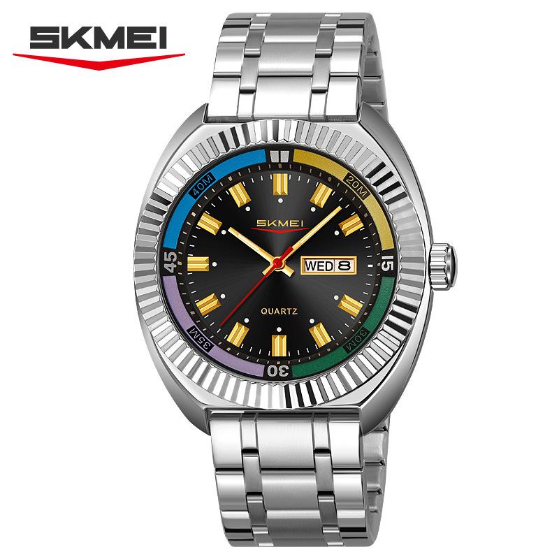 

SKMEI Retro Men s Quartz Watch Fashion Sport Butterfly Buckle Steel Belt Week Calendar Large Dial Watches For Man чёрный