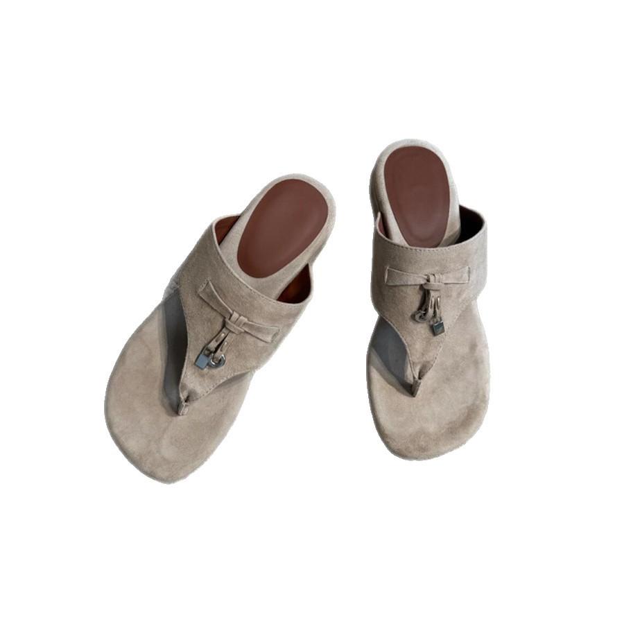 Sheepskin Version~ Retro Versatile Khaki Frosted Leather Flip-flops Women's Fashion Outer Wear Metal Lock Toe Sandals