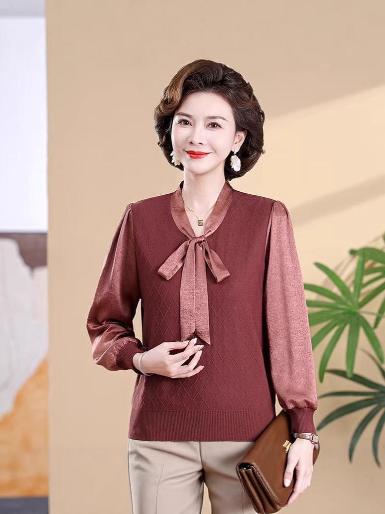 Chic Spring V-Neck Bow Pullover for Mature Women, Lightweight Knit Top for Spring & Autumn