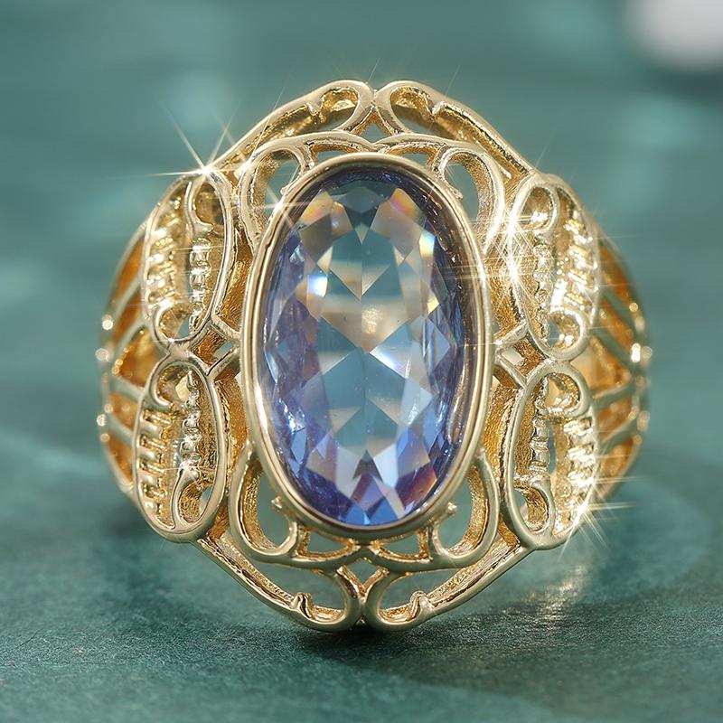 Retro Oval Copper Material Inlaid With Blue Synthetic Zircon Ring Women's Fashionable Golden Court Style Ring Jewelry