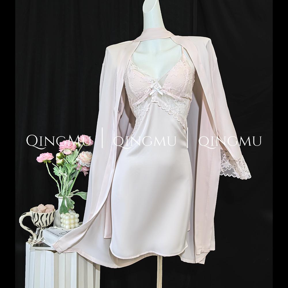New acetate silk suspender nightgown women's 1011 spring and summer sexy pajamas with chest pads hollow nightgown thin summer