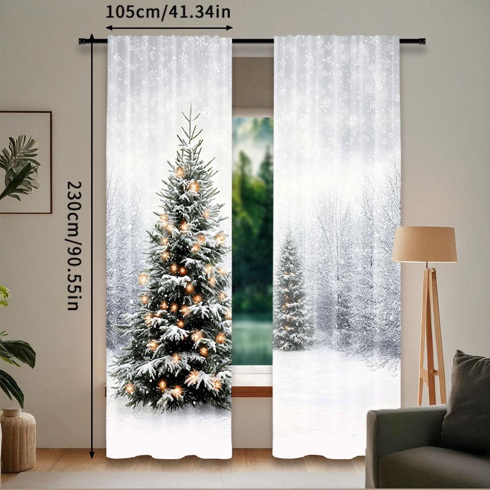 Set Of 2 Modern Christmas Curtain Natural Winter Forest Snowflake Snowfall White Snow Tree Home Party Decoration Simplistic Drapes Made Polyester