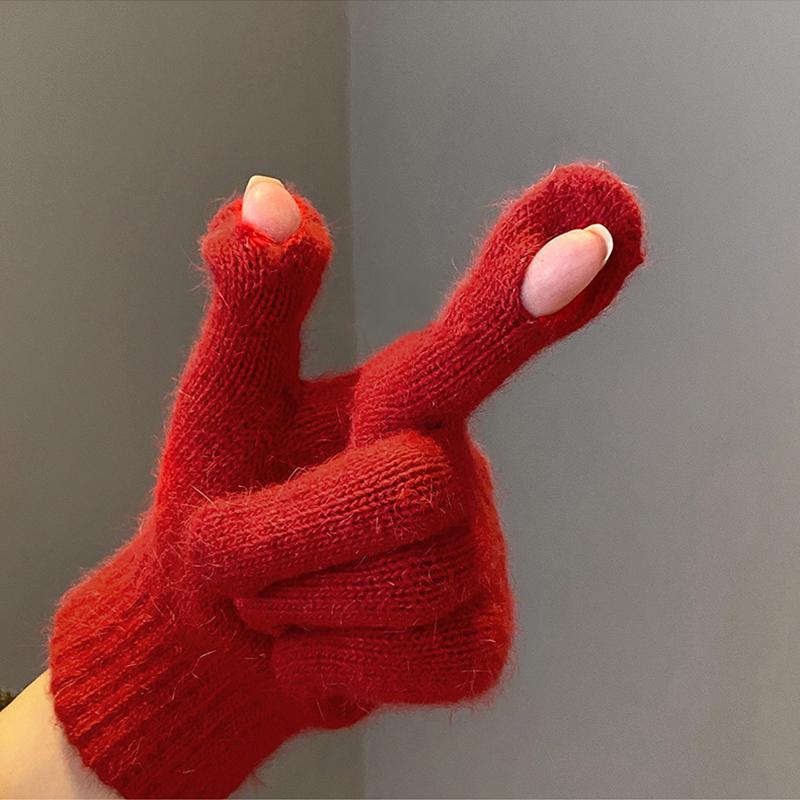 Women Gloves Knitted Solid Autumn Winter Hand Warm Thicken Short Wrist Female Full Fingered Mittens Winter Riding Skiing Mittens