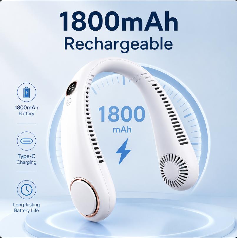Portable Rechargeable Neck Fan Better Then Table or Hand Fans, Smart Mini Hand Free 5 High Speed Fan with Rotatable Head
