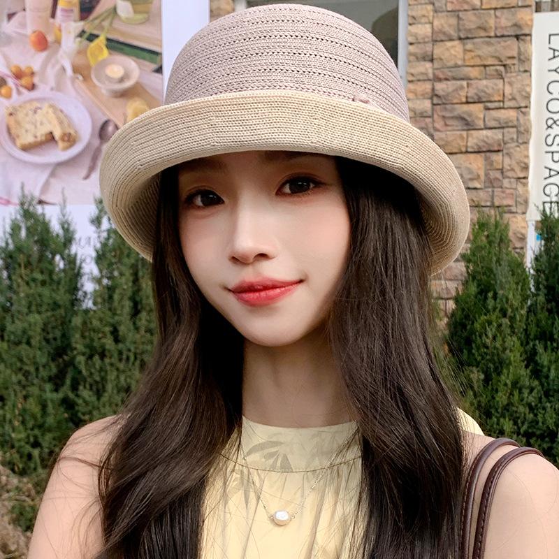 

Летняя шляпа женская вязаная шляпа-ведро с бантом для отдыха на открытом воздухе, солнцезащитная average size